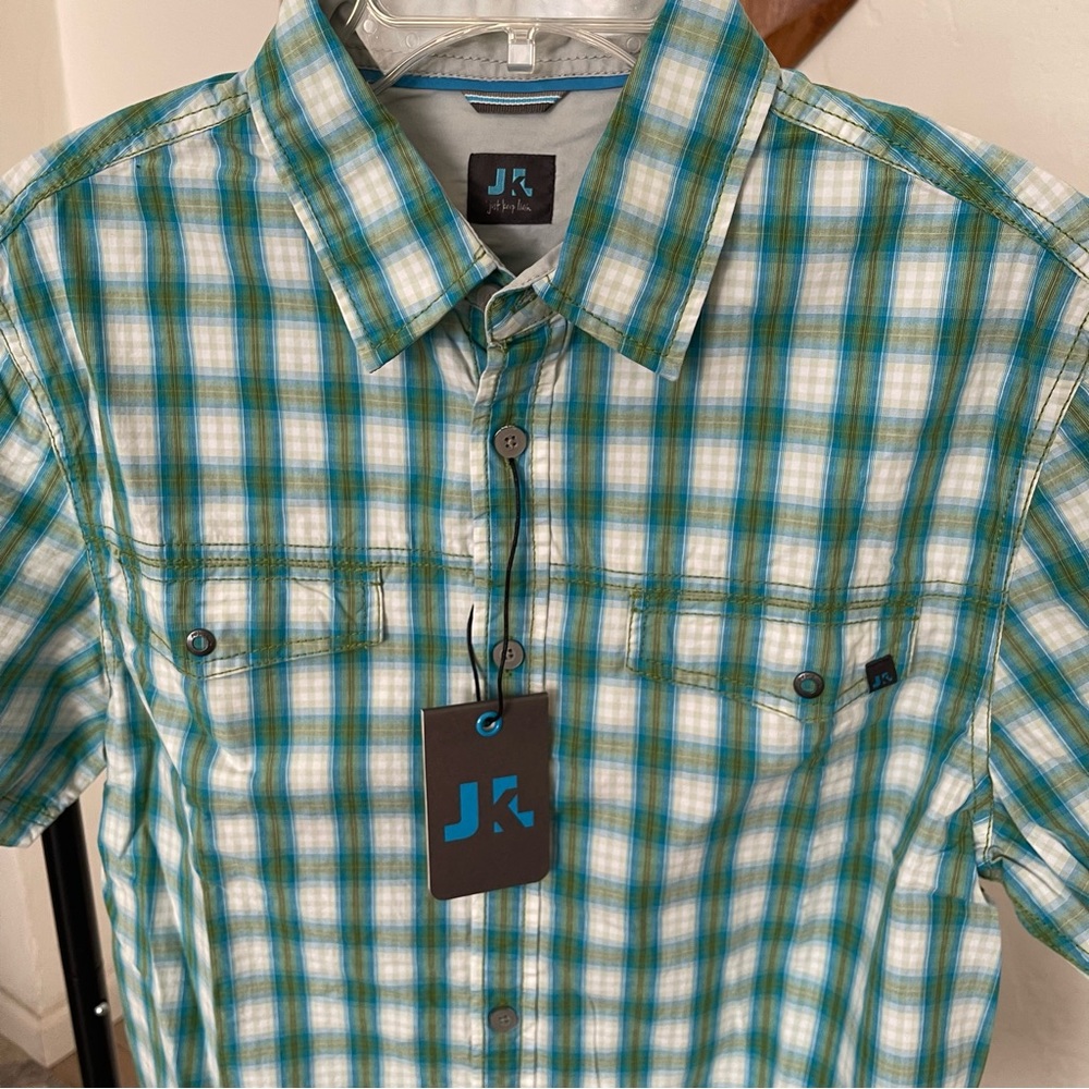 Just Keep Livin green blue plaid button down short sleeve short large